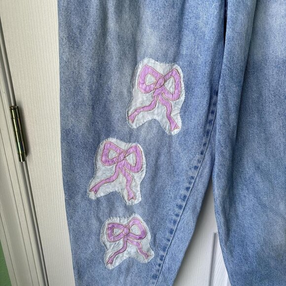 80's Patchwork Jeans Womens 6 Pink Bows High Waisted Coquette Cute Goth - Picture 2 of 8
